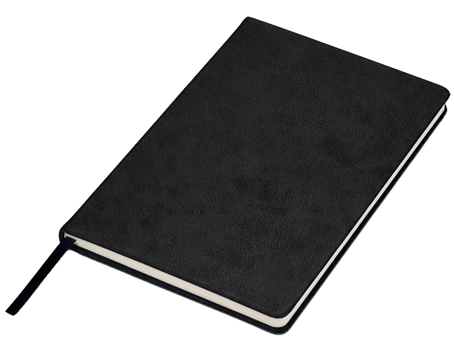 A black notebook with a white cover.