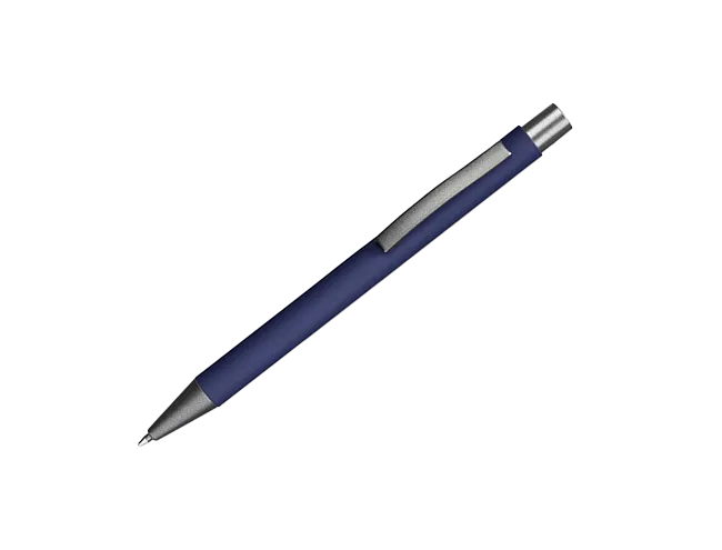 A blue ballpoint pen on a black background.